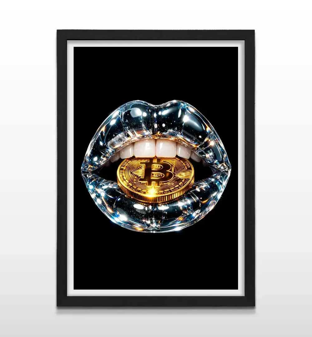 Cuadro moderno de boca de cristal con moneda de Bitcoin y marco negro, decoración de alto impacto visual y regalo ideal para traders, inversores y amantes de la tecnología
