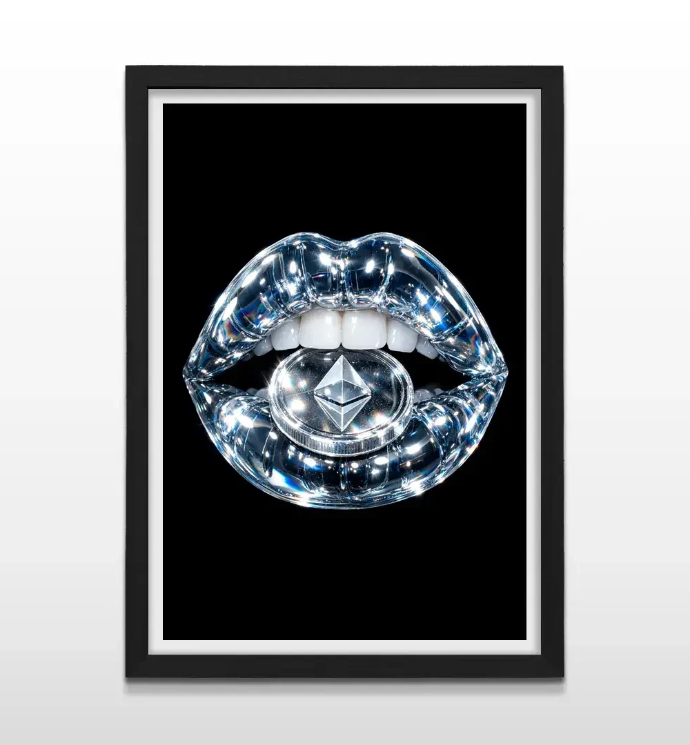 Cuadro moderno de boca de cristal con moneda de Ethereum y marco negro, decoración de alto impacto visual y regalo ideal para traders, inversores y amantes de la tecnología