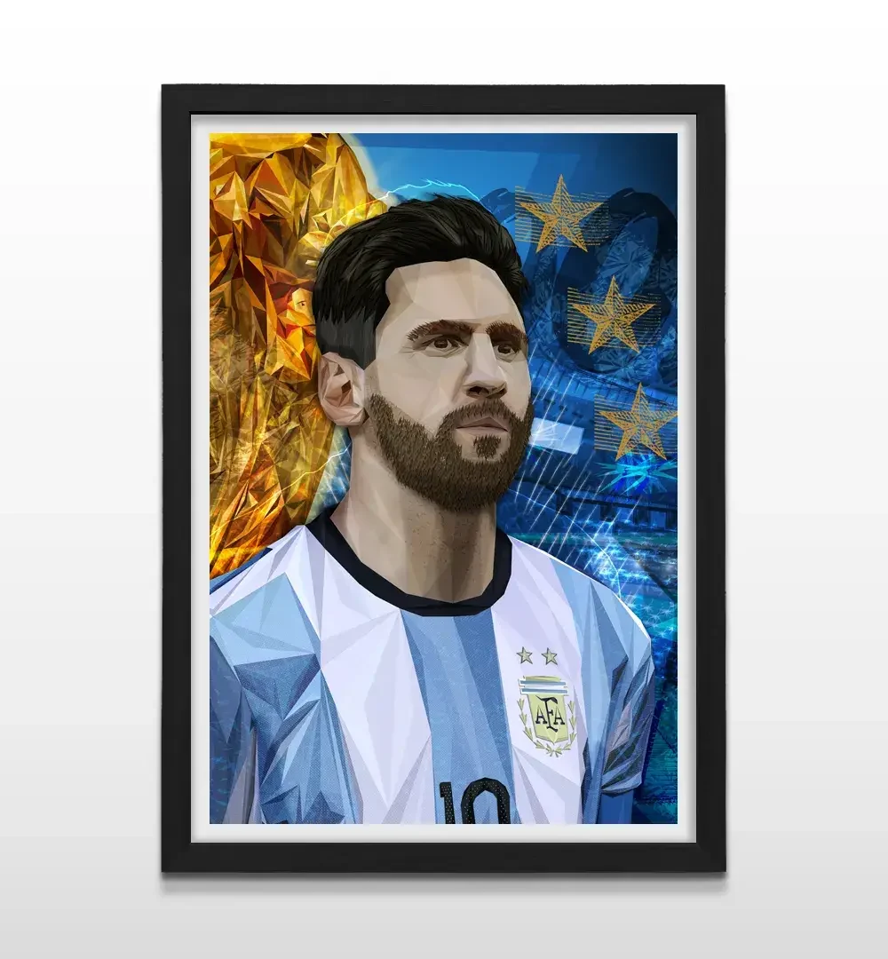 Cuadro moderno de Lionel Messi con marco negro, arte de pared de la selección argentina y regalo ideal para fanáticos del campeón del mundo
