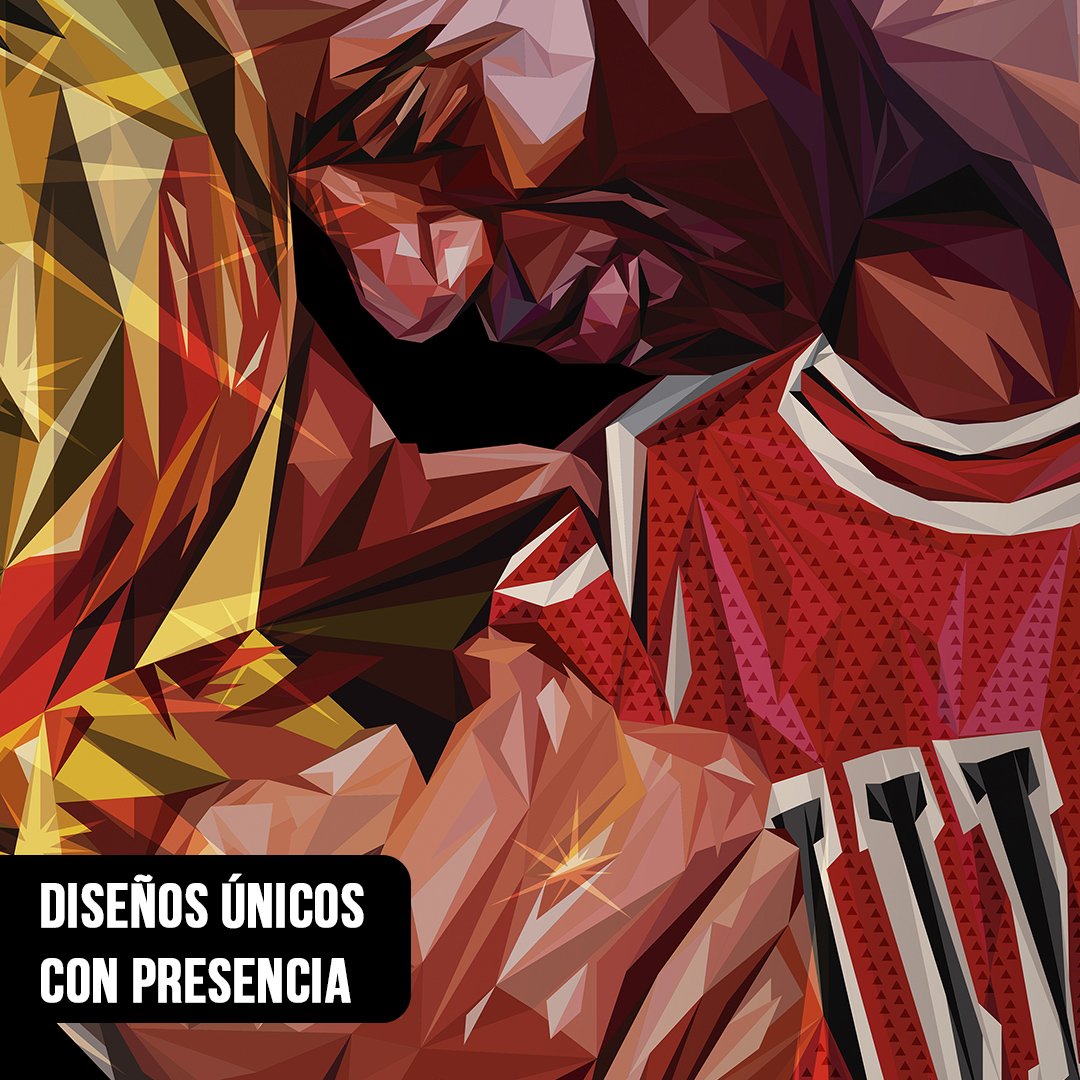 Primer plano de una ilustración estilo low poly de Michael Jordan con camiseta roja apoyando su rostro sobre un trofeo dorado facetado