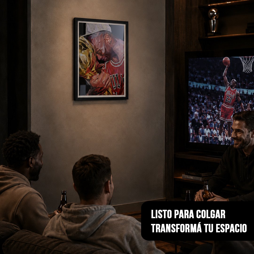 Cuadro vertical con marco negro de Michael Jordan abrazando un trofeo en estilo geométrico, colgado en una sala oscura donde unos hombres miran básquetbol en la televisión