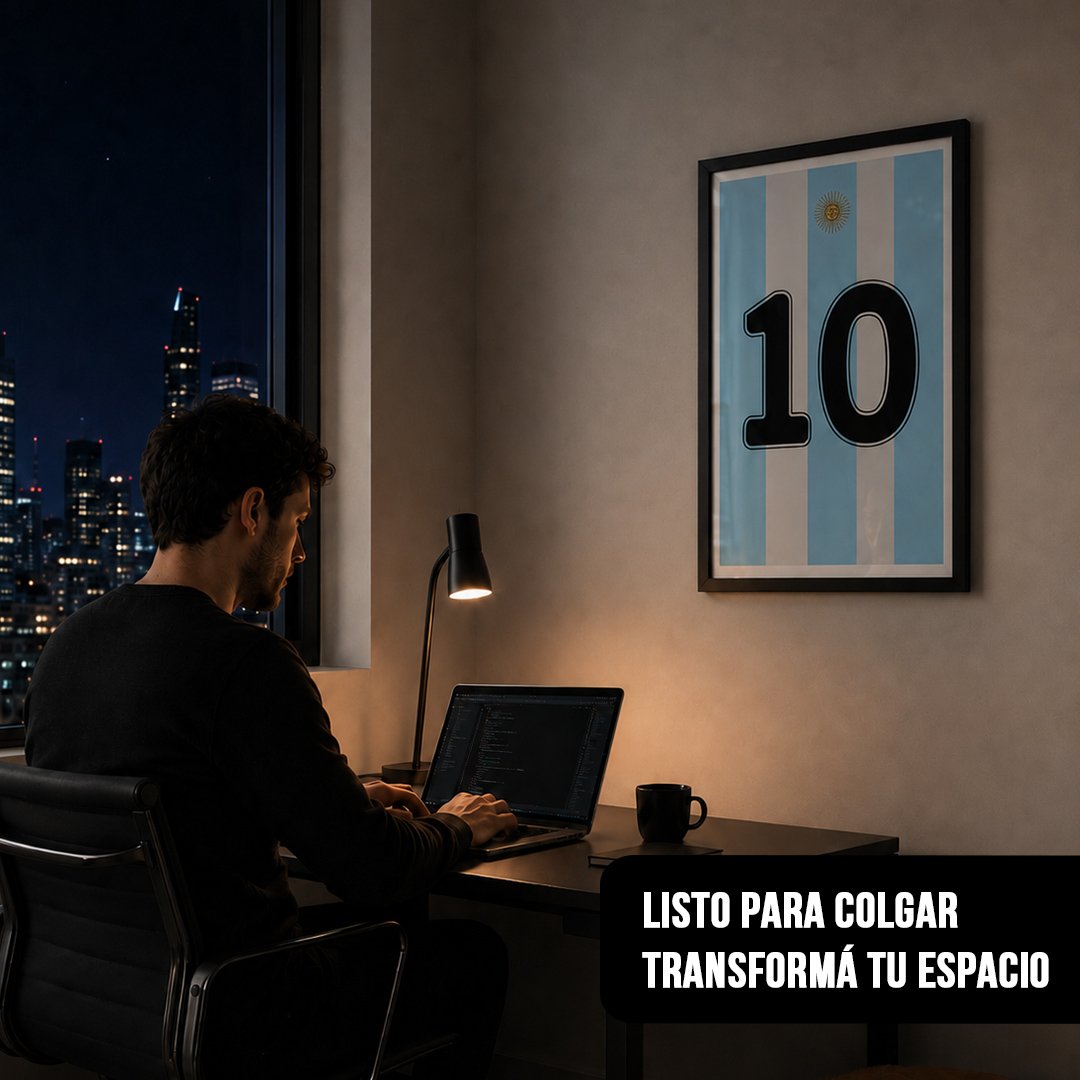 Cuadro vertical con el diseño de la camiseta argentina y el dorsal número diez en marco negro, colgado en una oficina nocturna junto a un ventanal con vistas a la ciudad