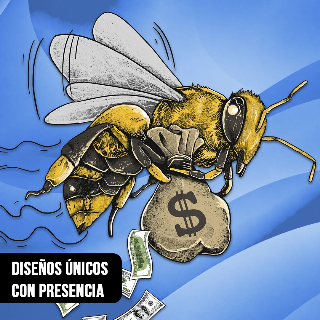Primer plano de ilustración de una abeja amarilla y negra volando con una bolsa de dinero con el símbolo de dólar