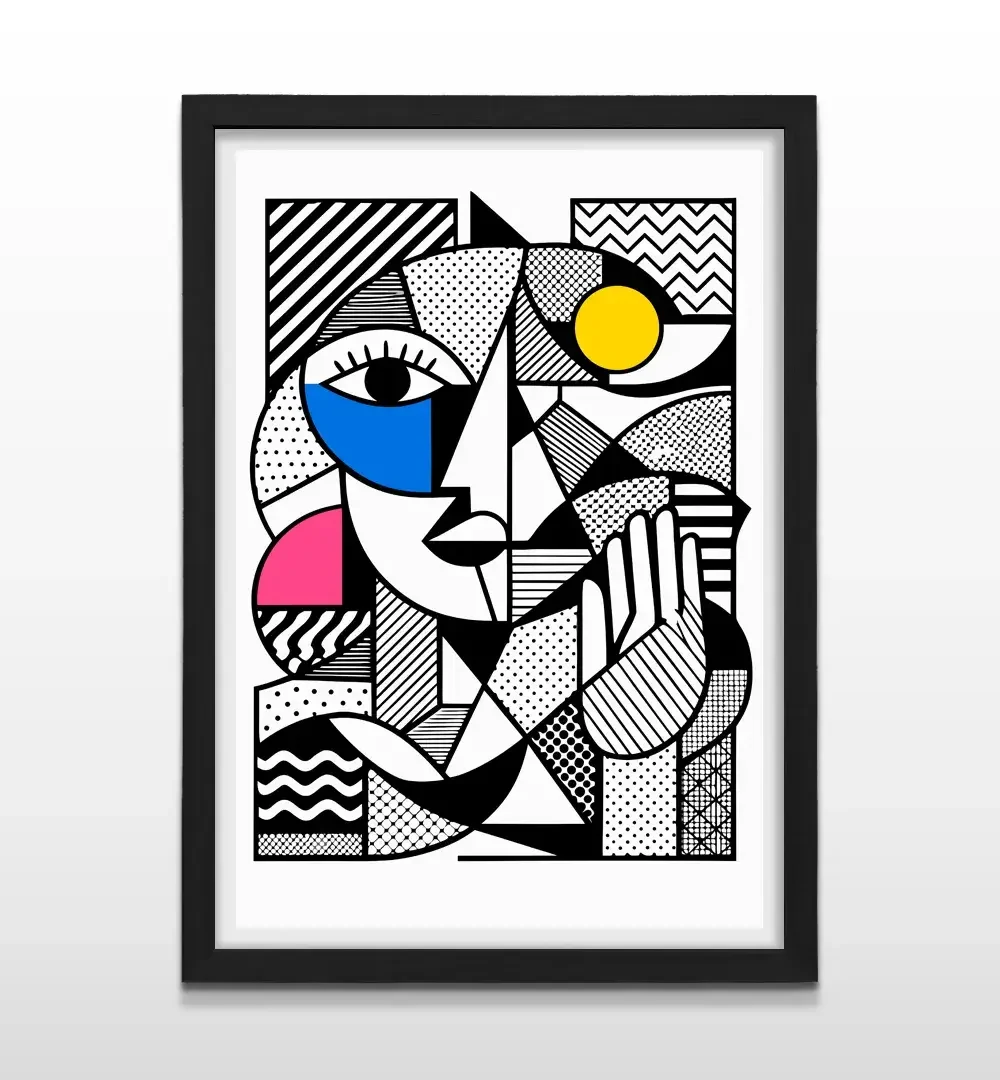 Cuadro moderno de retrato cubista colorido con marco negro, arte de pared de alto impacto visual y regalo ideal para amantes del arte moderno y el diseño de vanguardia