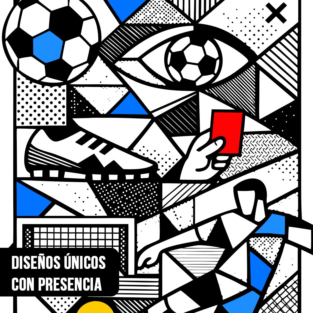 Primer plano de una ilustración abstracta de fútbol con figuras geométricas de un botín, una mano con tarjeta roja, un ojo y una pelota con gajos azules sobre fondo blanco