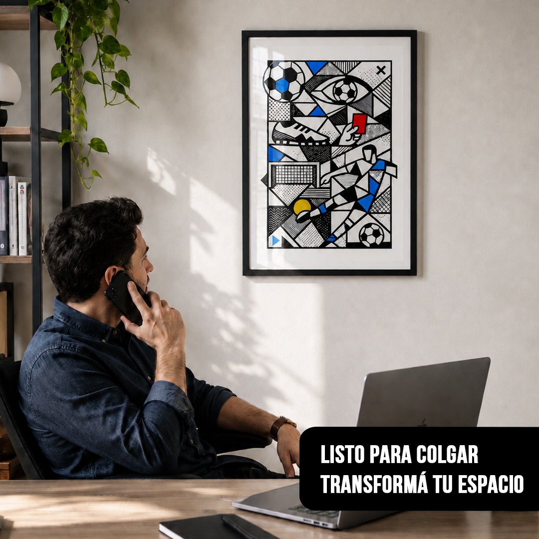 Cuadro vertical de arte abstracto de fútbol con marco negro, colgado en una oficina moderna detrás de un hombre hablando por teléfono frente a su laptop