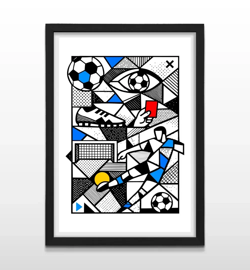 Cuadro moderno de fútbol abstracto en blanco y negro con toques de color y marco negro, arte de pared de alto impacto para salas de estar contemporáneas