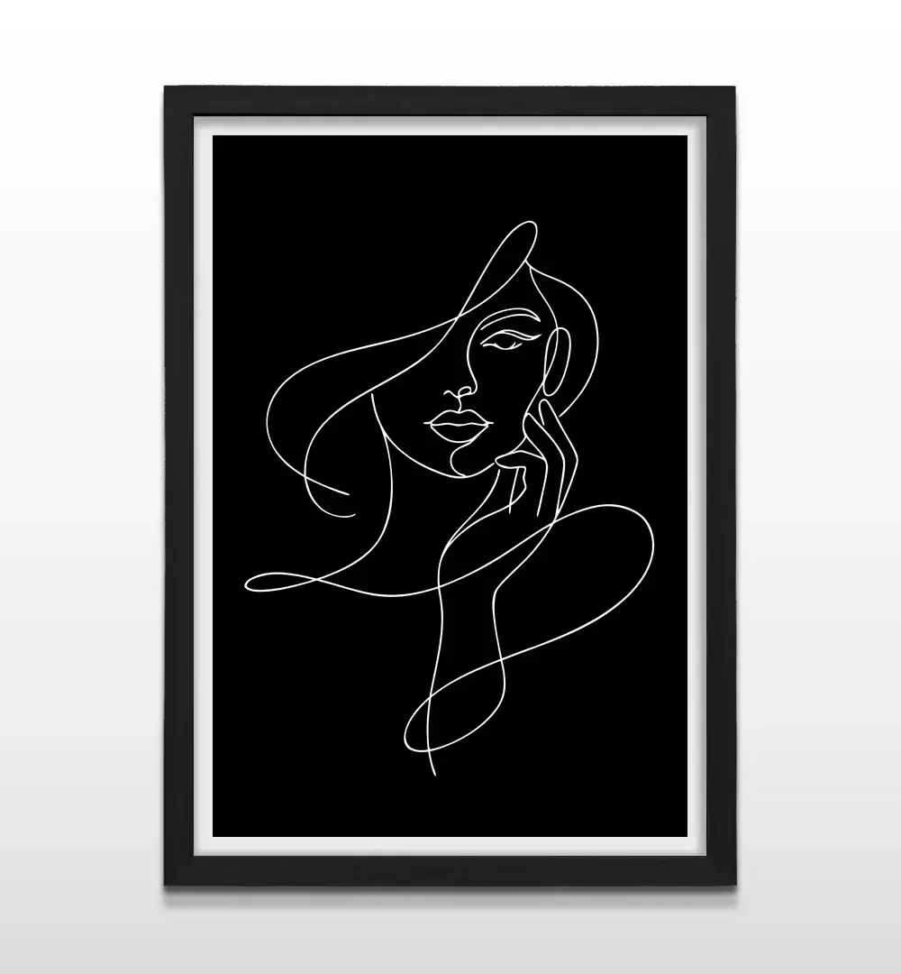 Cuadro moderno de retrato femenino con marco negro, arte de pared de lujo de alto contraste y regalo ideal para amantes del minimalismo y el diseño de interiores contemporáneo