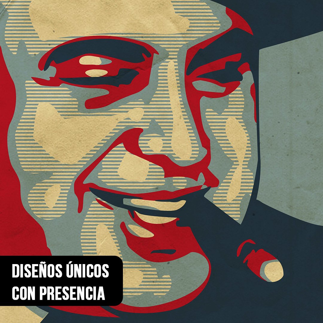 Primer plano de una ilustración de estilo arte pop del rostro de Al Capone con texturas de líneas y bloques en color rojo, azul oscuro y beige, sosteniendo un cigarro