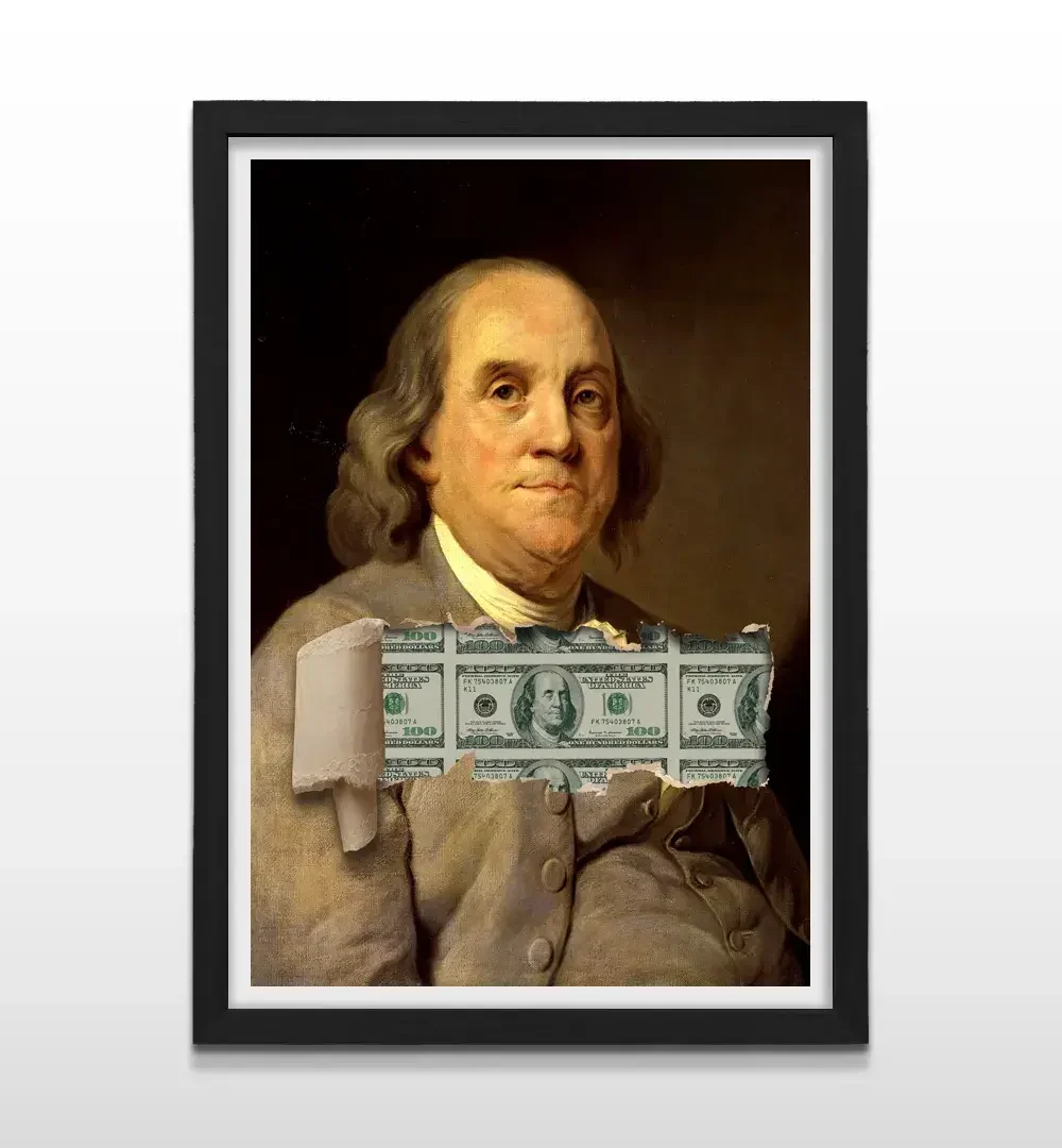 Cuadro moderno de Benjamin Franklin "Money" con marco negro, decoración de alto impacto visual y regalo ideal para emprendedores e inversores