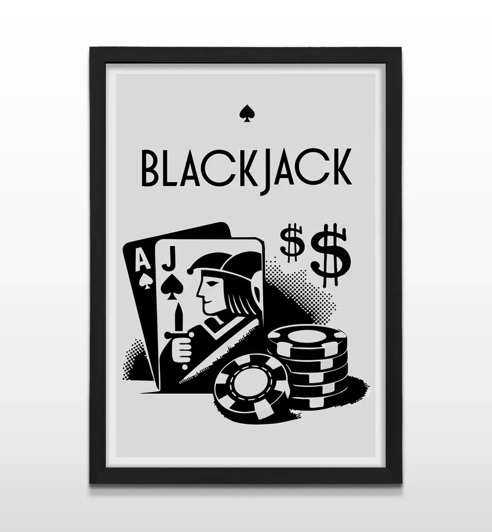 Cuadro moderno de blackjack y casino con marco negro, decoración de alto impacto visual y regalo ideal para amantes del poker, el riesgo y el diseño exclusivo