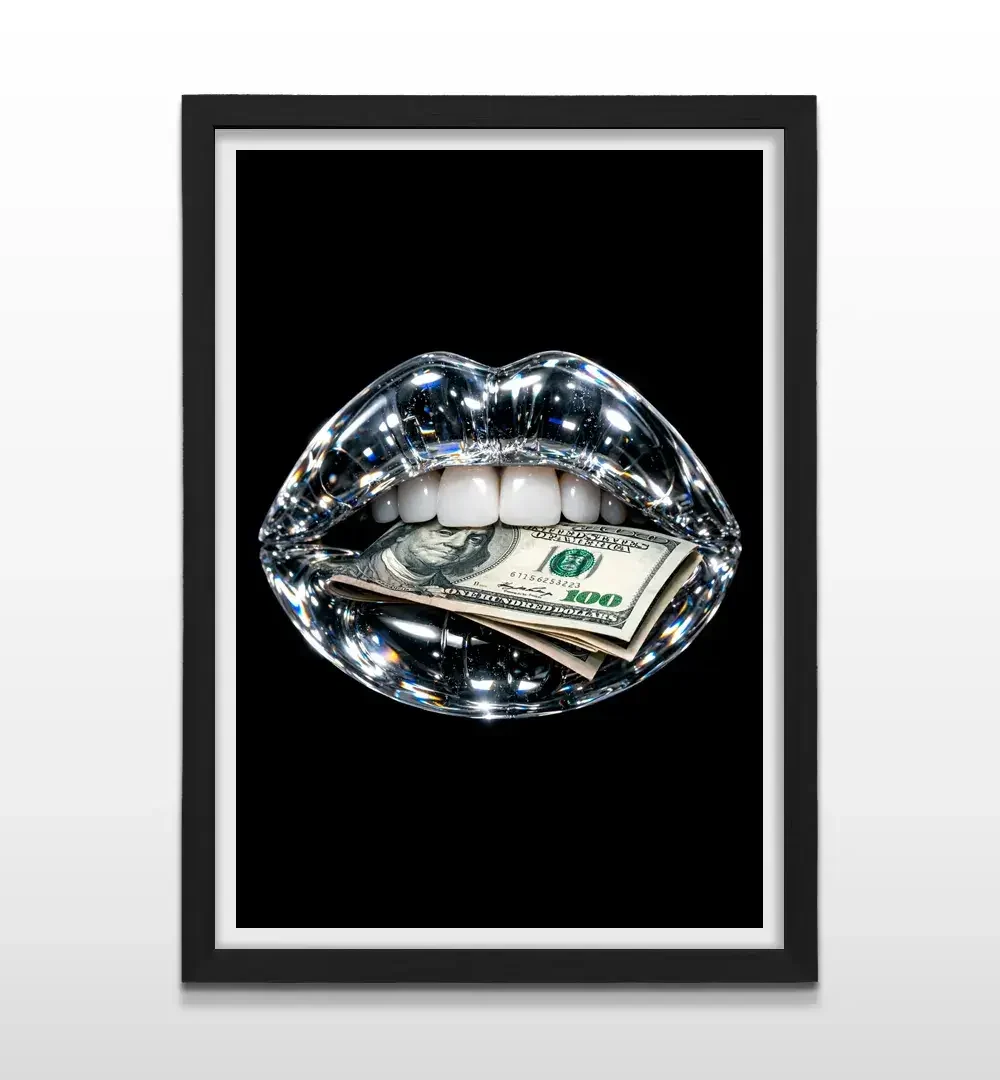 Cuadro moderno de boca de cristal con billetes de 100 dólares y marco negro, decoración de alto impacto visual y regalo ideal para emprendedores, traders y amantes del arte de lujo