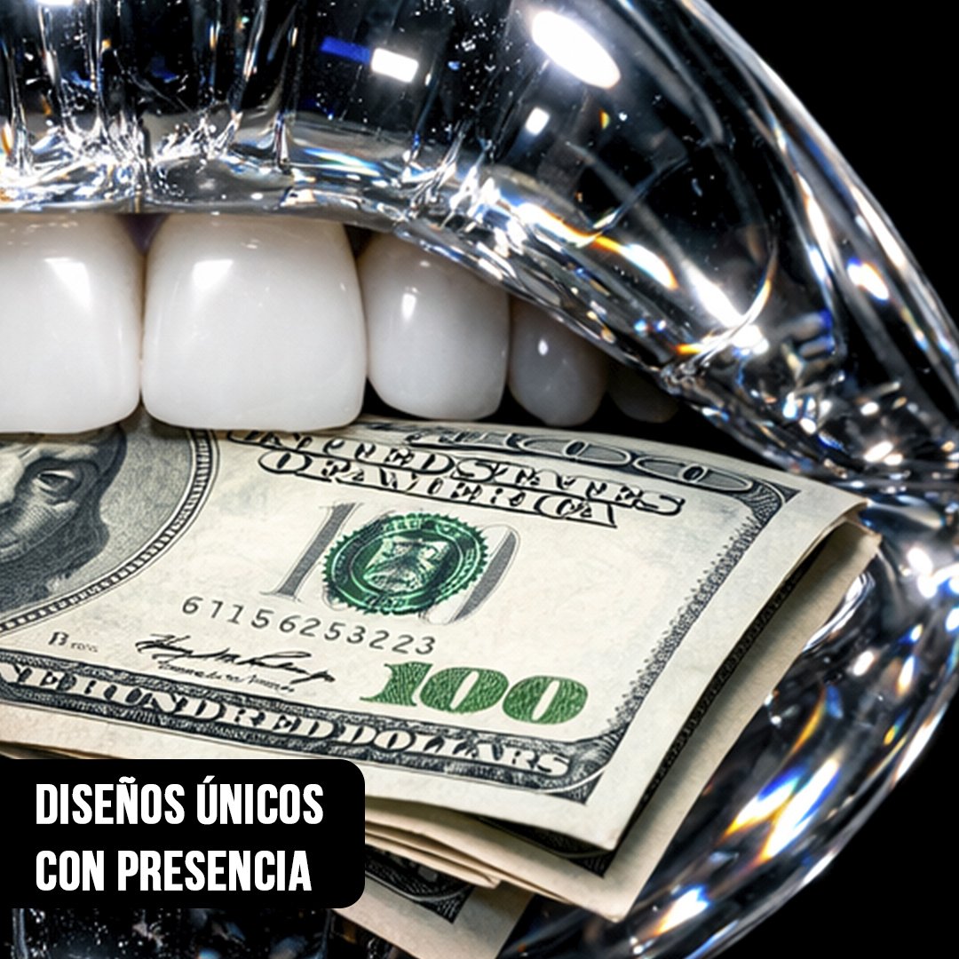 Primer plano fotográfico de labios brillantes mordiendo un fajo de billetes de cien dólares
