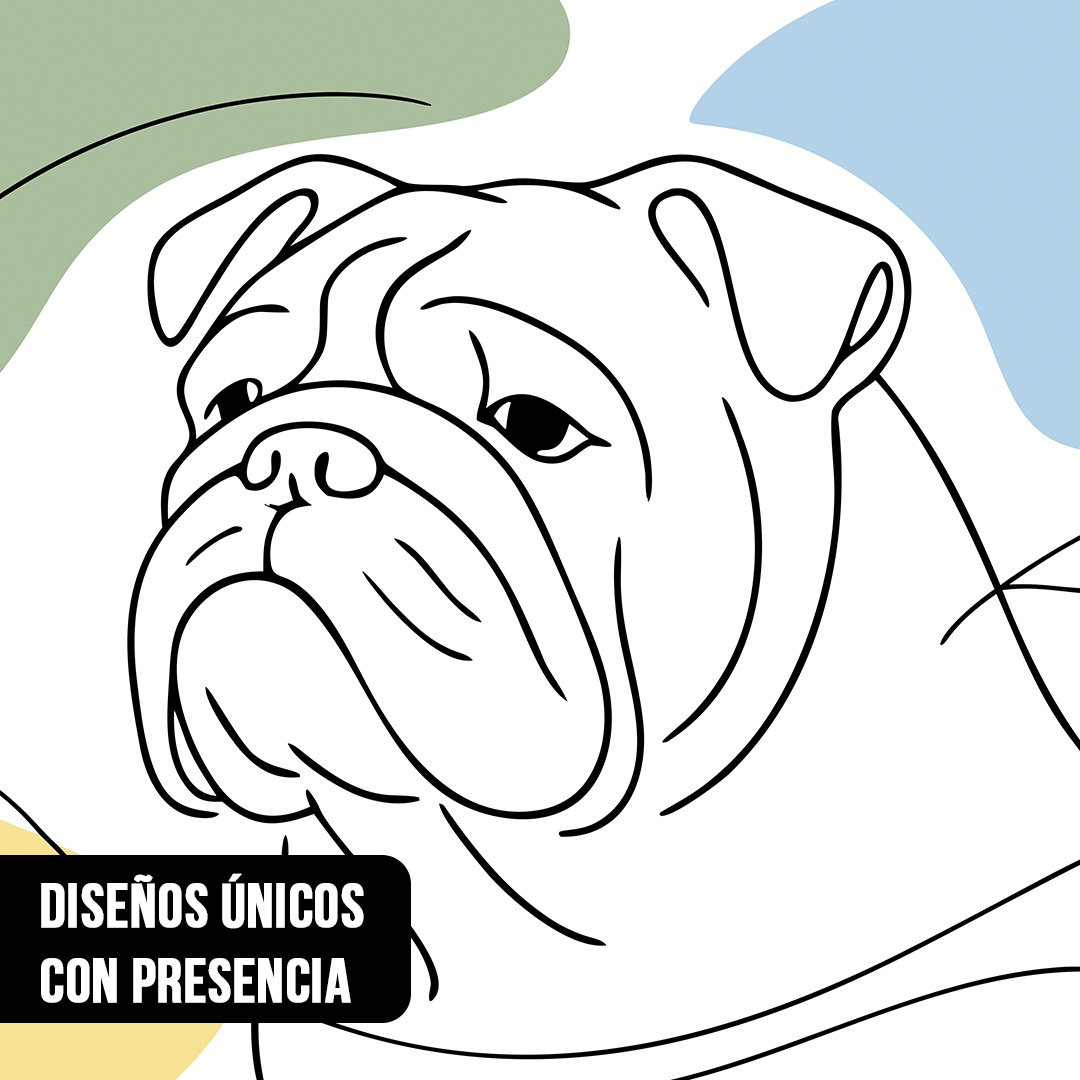 Primer plano de dibujo en trazo negro (line art) del rostro de un perro Bulldog Inglés sobre manchas suaves de color pastel