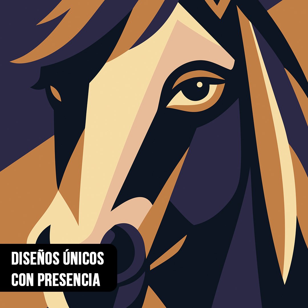 Primer plano del rostro de un caballo en ilustración geométrica con tonos ocre, crema, azul marino y negro