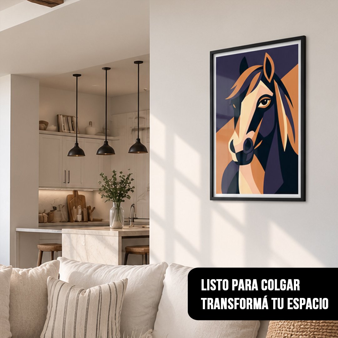 Cuadro vertical enmarcado en negro con ilustración geométrica de caballo colgado en pared clara de un living con cocina integrada