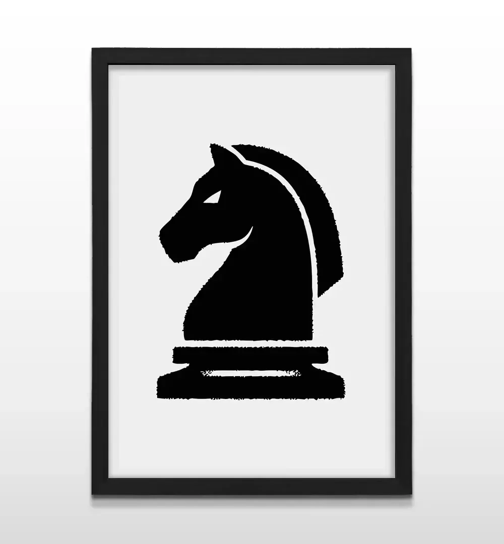 Cuadro moderno de caballo de ajedrez con marco negro, decoración de alto impacto visual y regalo ideal para amantes de la estrategia, el ajedrez y el diseño de interiores