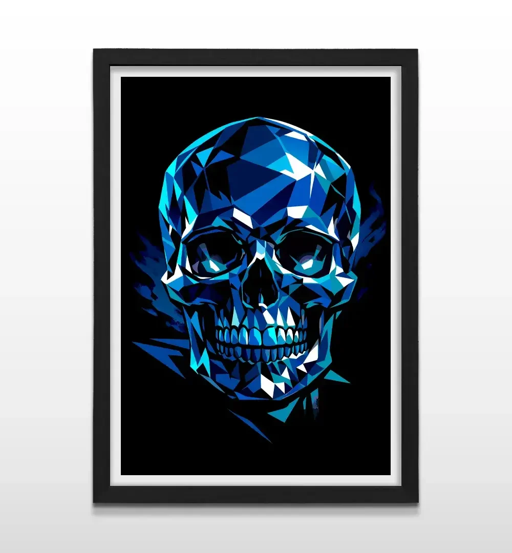 Cuadro minimalista de calavera geométrica estilo mosaico azul sobre fondo negro. Vista frontal de la pieza con marco de madera color negro, perfecto para dormitorios o espacios con decoración de alto impacto visual