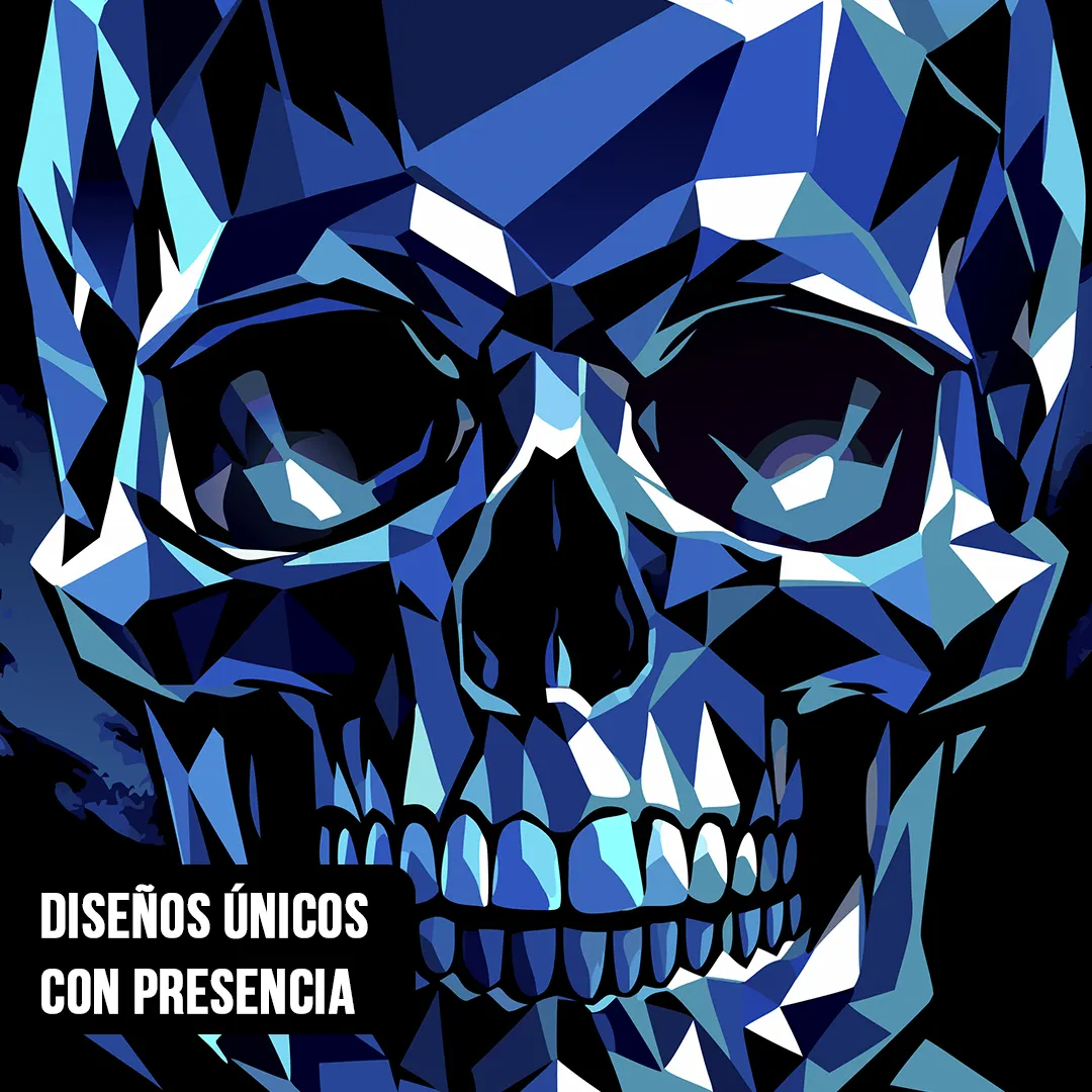 Primer plano de ilustración de una calavera azul compuesta por facetas geométrico-cristalinas