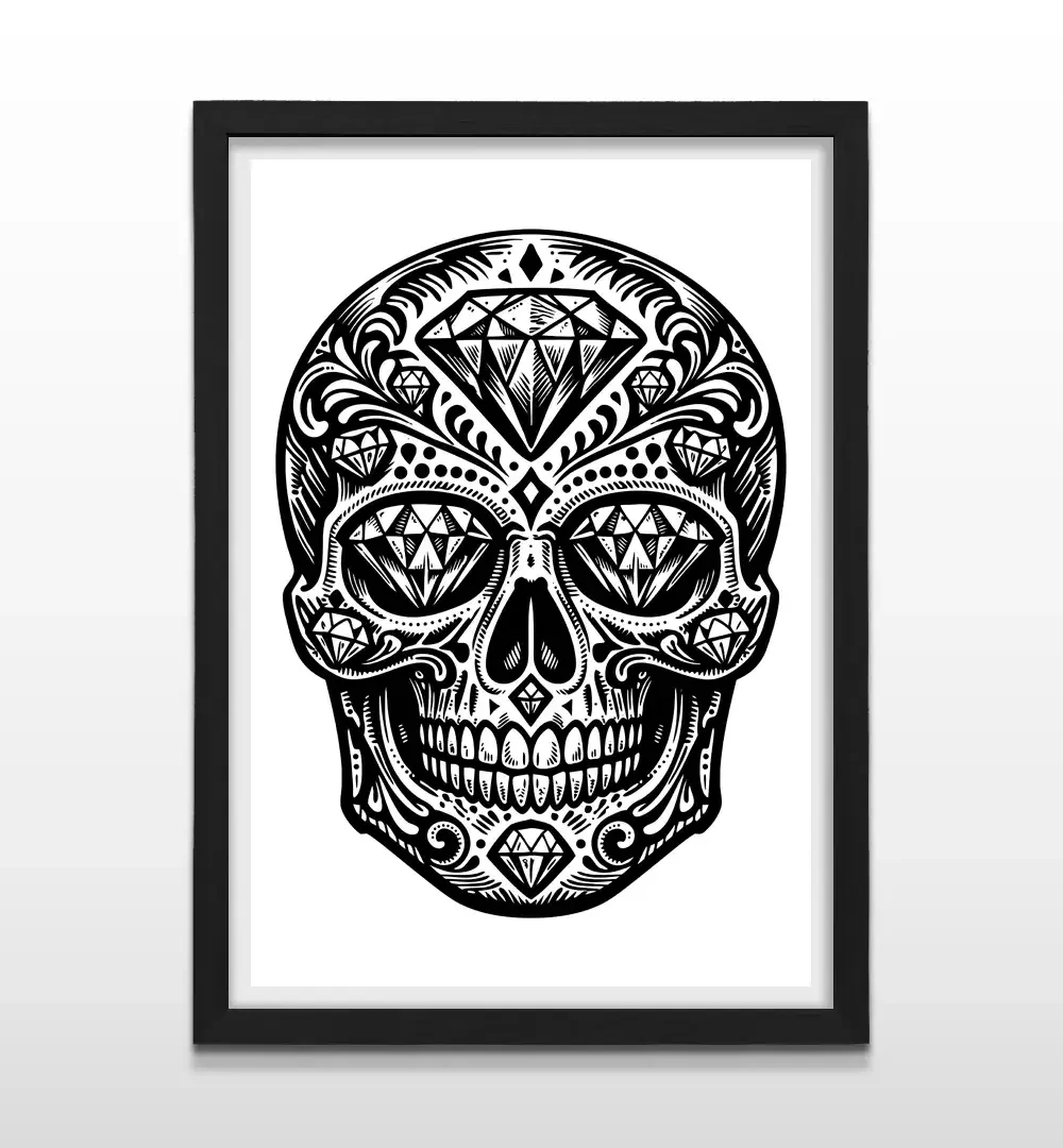 Cuadro moderno de calavera abstracta con marco negro, decoración de alto impacto visual y regalo ideal para artistas y amantes del estilo minimalista