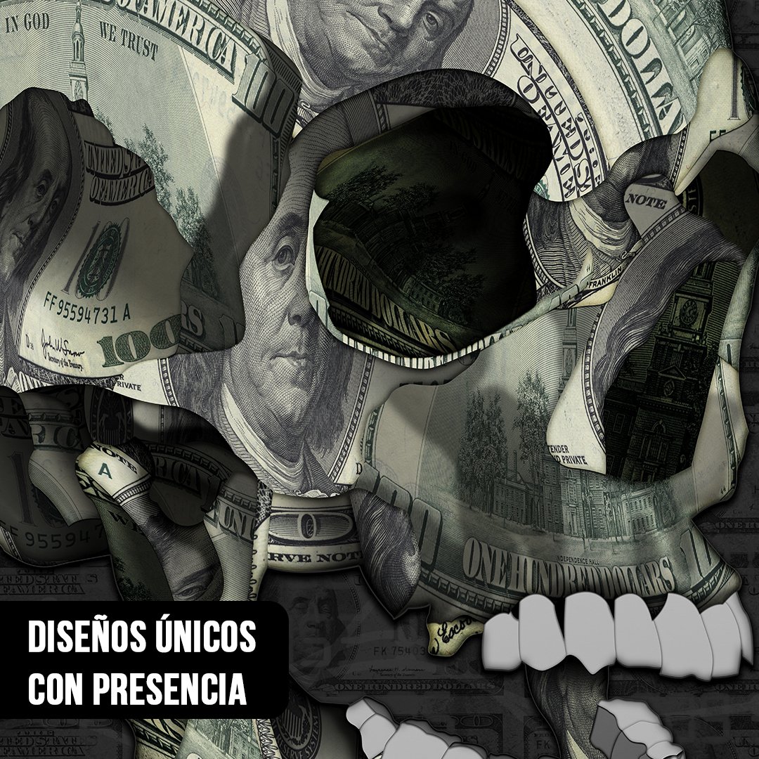 Primer plano de una ilustración de calavera humana hecha con un collage de billetes de 100 dólares sobre un fondo negro texturado