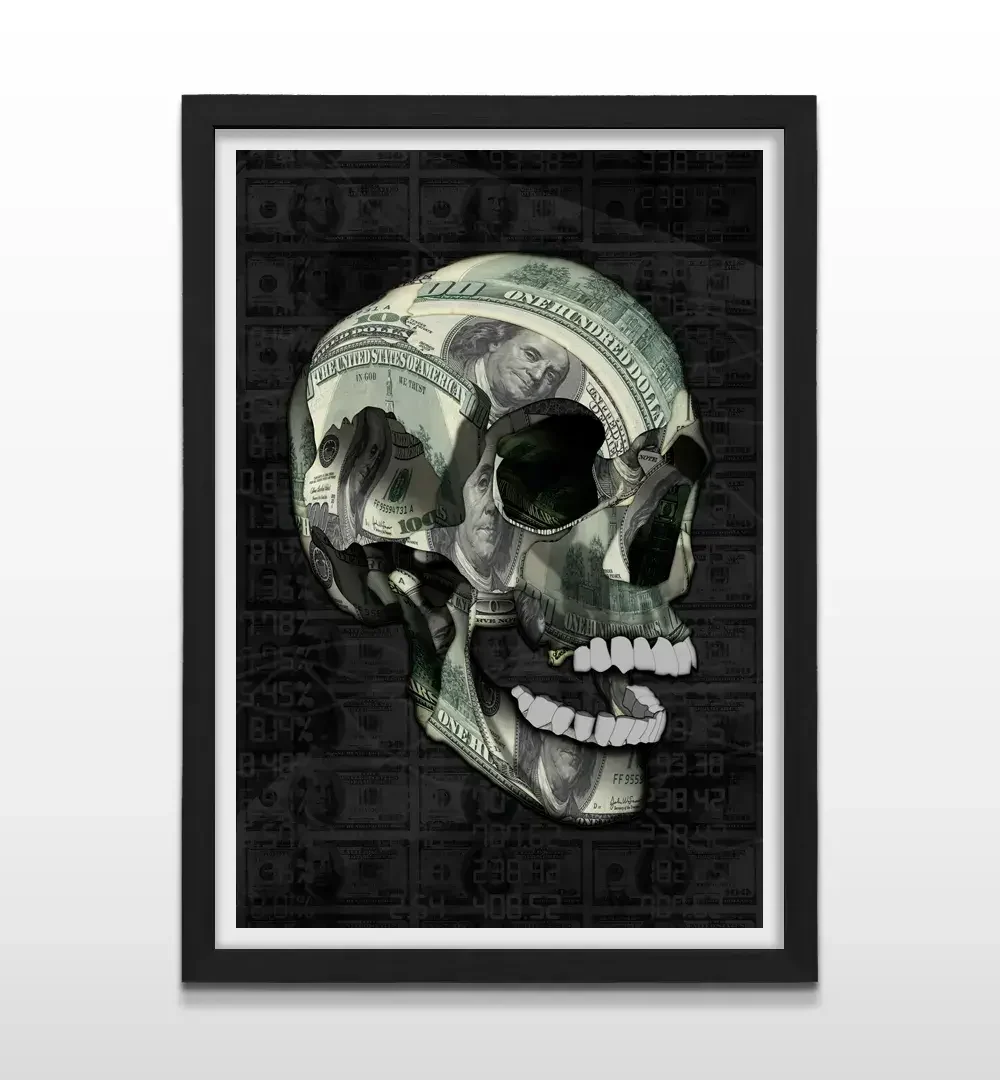 Cuadro moderno de calavera signo dólar con marco negro, decoración de alto impacto visual y regalo ideal para emprendedores, inversores y amantes del diseño de interiores oscuro