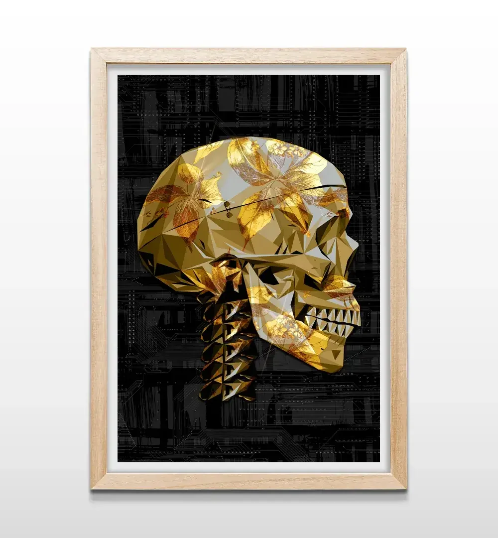 cuadro calavera flores de oro rectangular natural