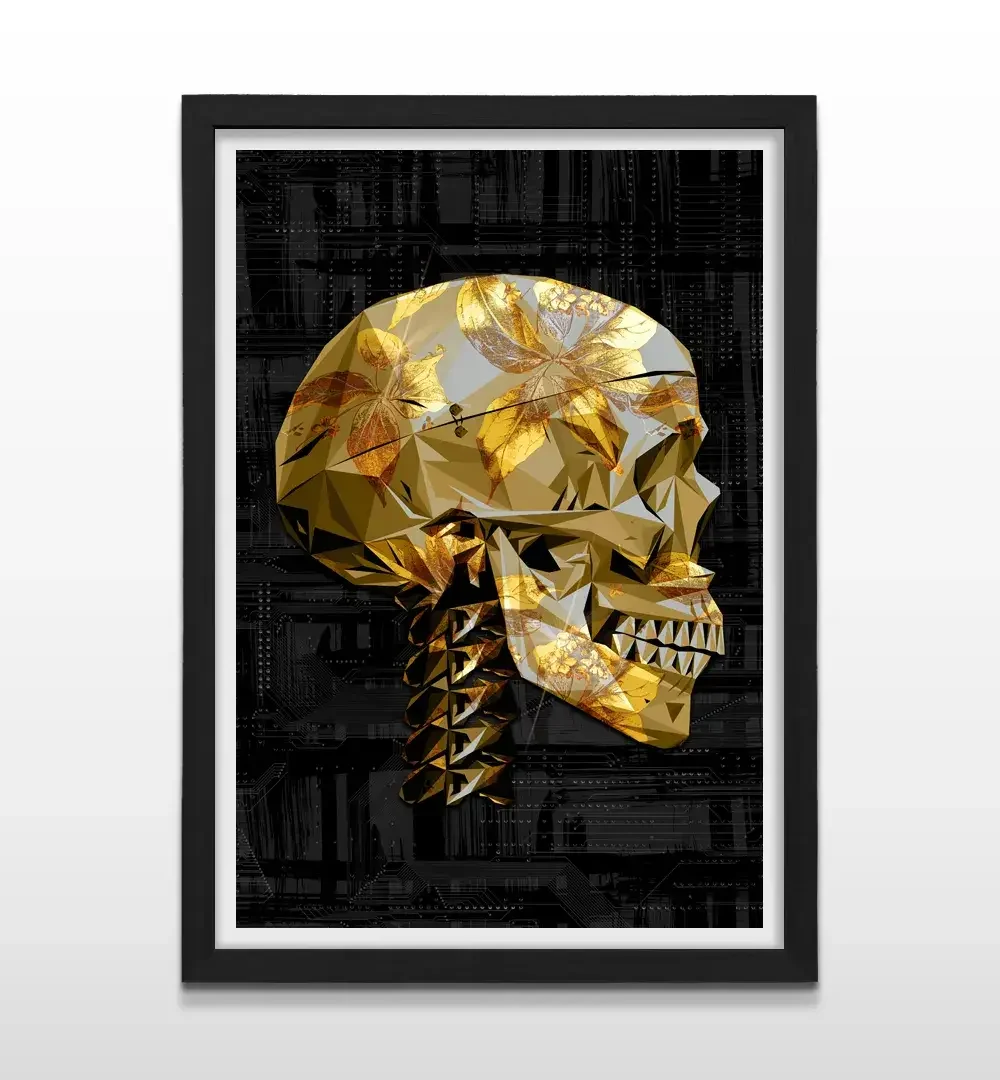 Cuadro moderno de calavera con flores de oro y marco negro, decoración de lujo de alto impacto visual para interiores sofisticados