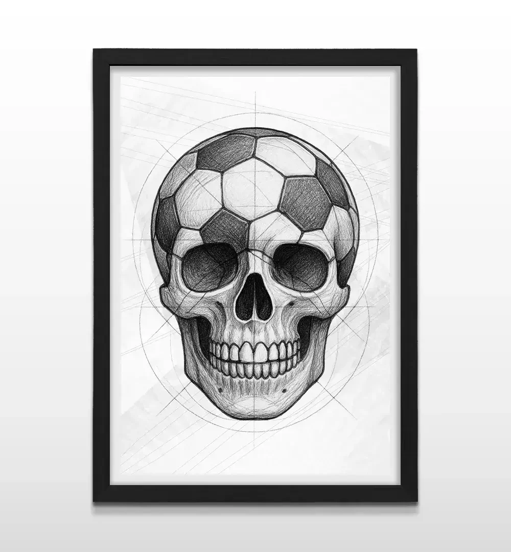 Cuadro moderno de calavera pelota con marco negro, decoración de alto impacto visual y regalo ideal para fanáticos del fútbol y el street art