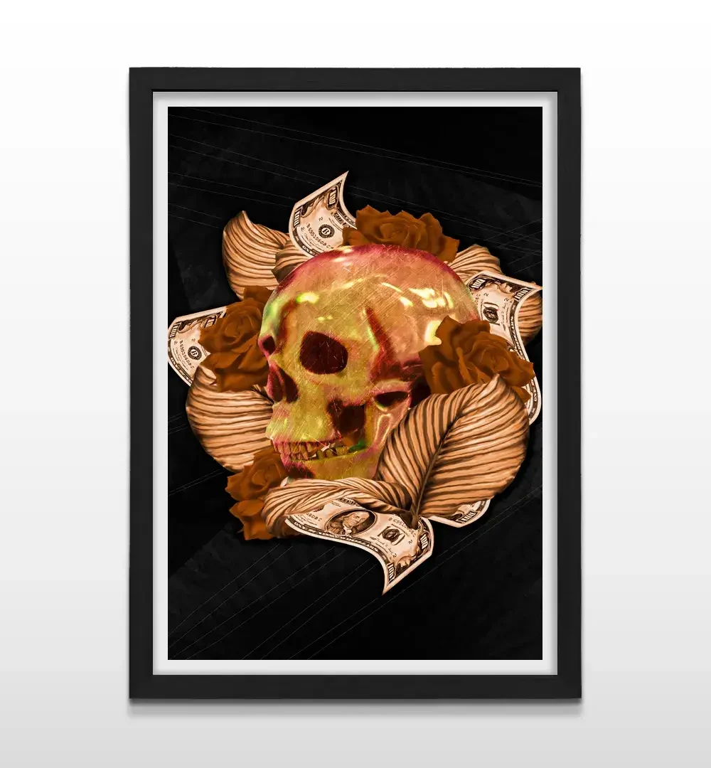 Cuadro moderno de calavera de bronce con marco negro, decoración de alto impacto visual y regalo ideal para amantes del arte histórico y el diseño exclusivo