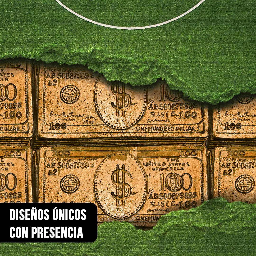 Primer plano de montaje artístico mostrando césped de fútbol desgarrado descubriendo fajas de billetes de dólares dorados