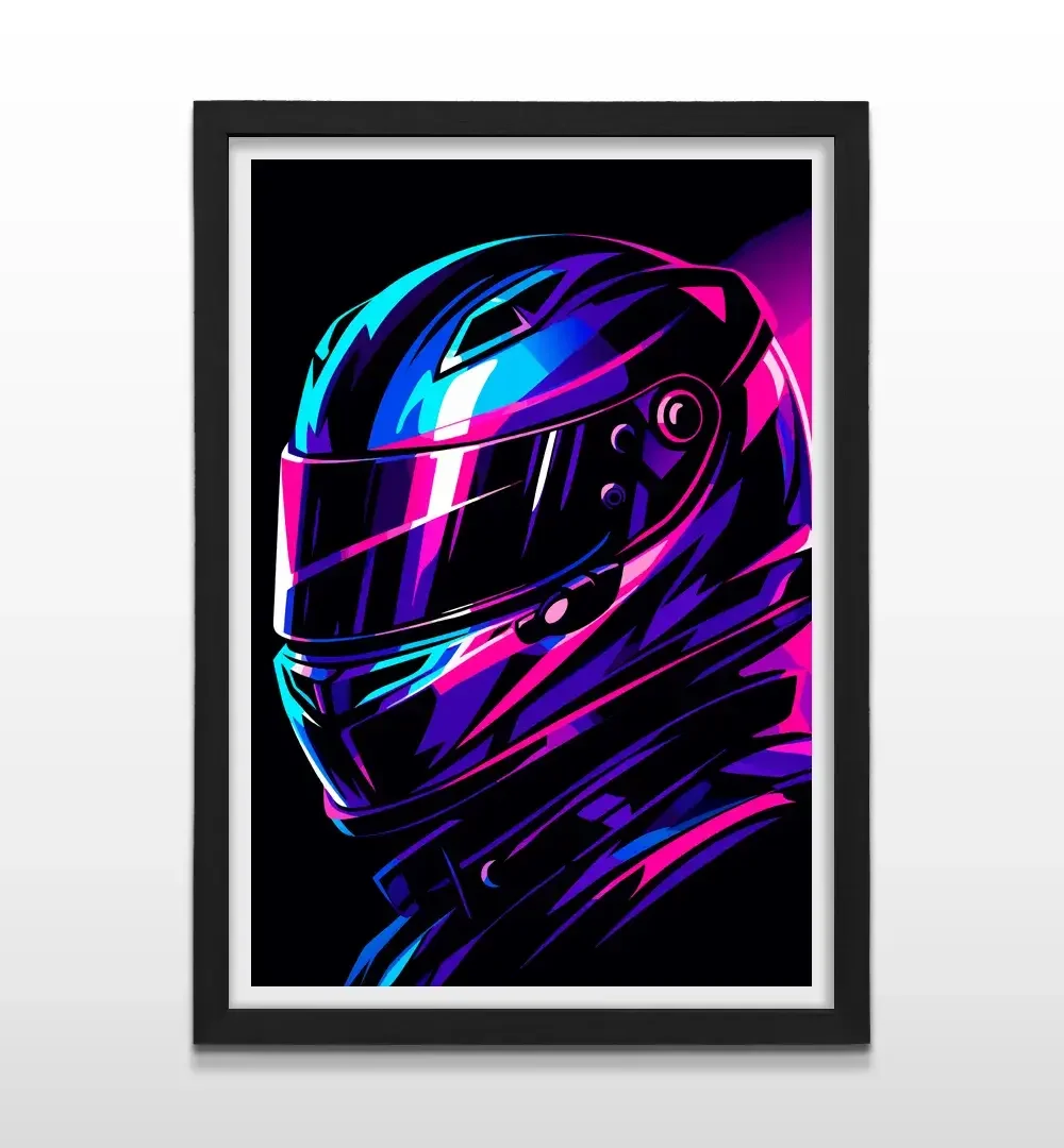 Cuadro moderno de casco de carrera con marco negro, decoración de alto impacto visual y regalo ideal para amantes del automovilismo, pilotos y diseño retro