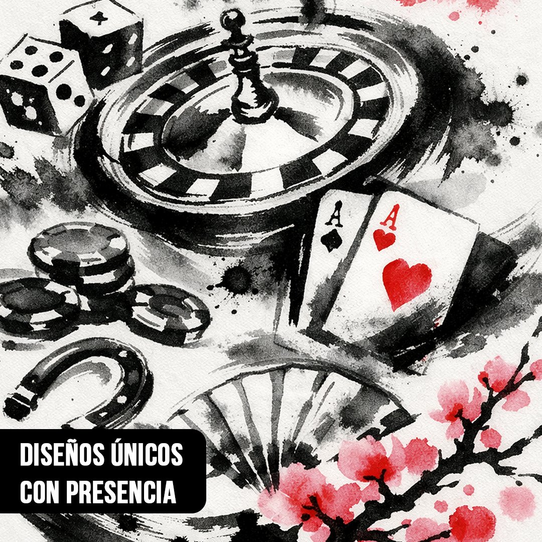 Primer plano de ilustración en tinta y acuarela con una ruleta de casino, naipes de Ases, dados y flores rojas