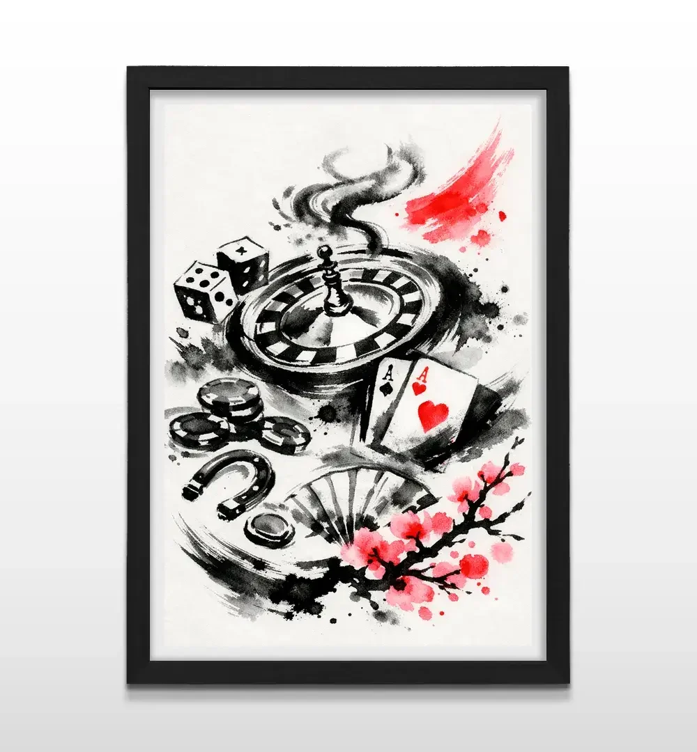 Cuadro moderno de casino y fortuna con marco negro, arte de pared de alto impacto visual y regalo ideal para amantes del azar, el riesgo y el diseño artístico