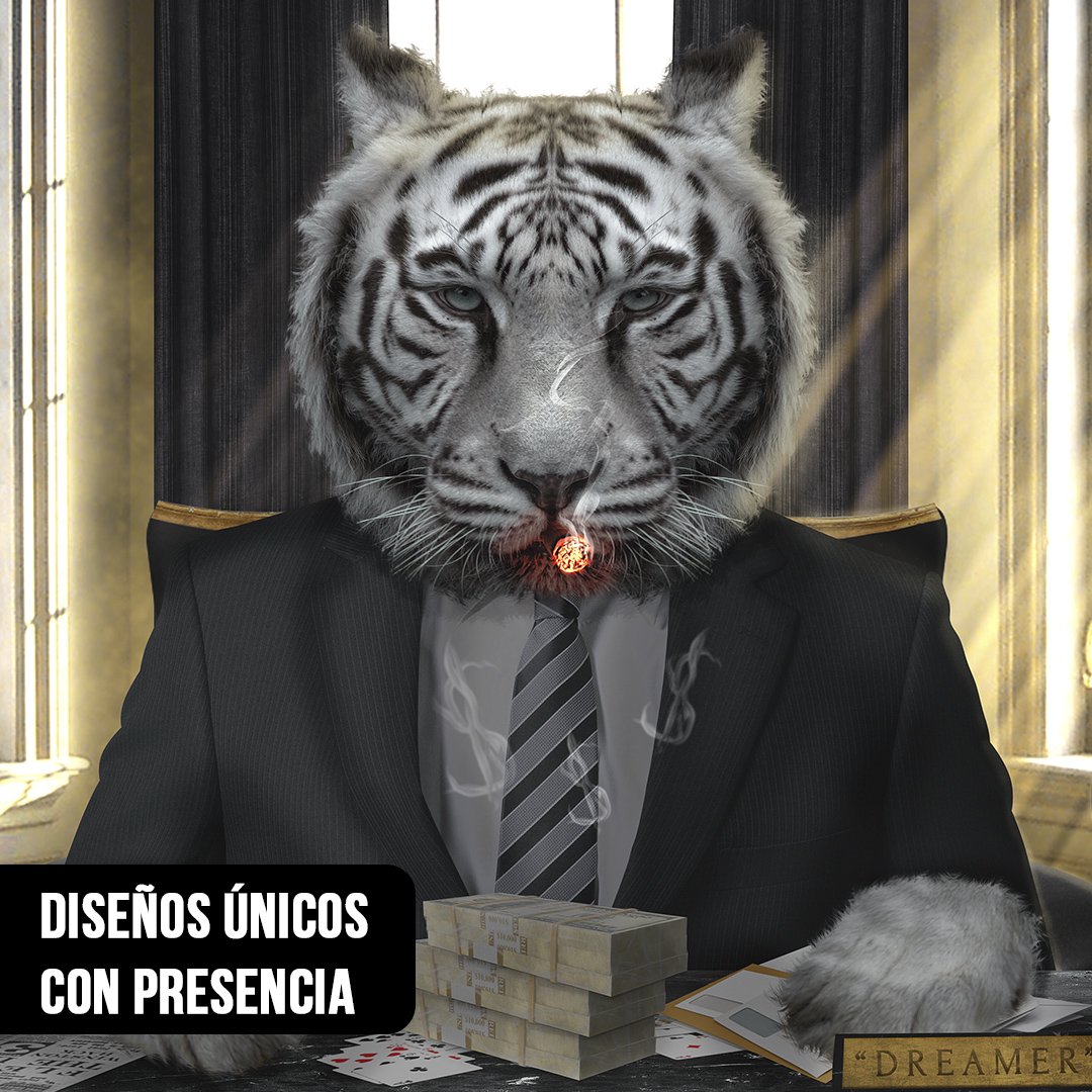 Primer plano de una ilustración de un tigre blanco vistiendo traje negro y corbata a rayas mientras fuma un habano encendido frente a fajos de dinero y cartas de póker