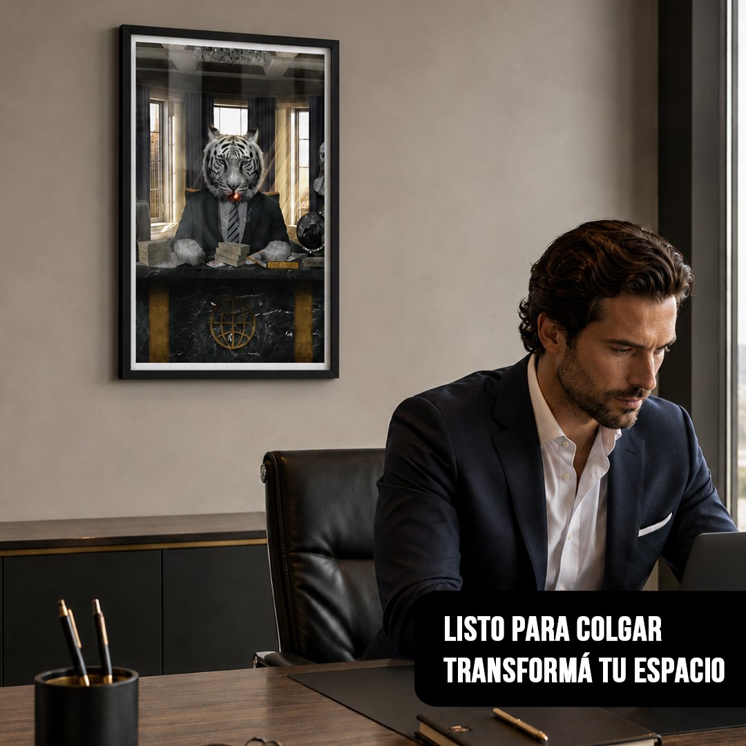 Cuadro vertical enmarcado en negro de un tigre blanco estilo CEO en su escritorio, colgado en una oficina elegante junto a un hombre trabajando en su computadora