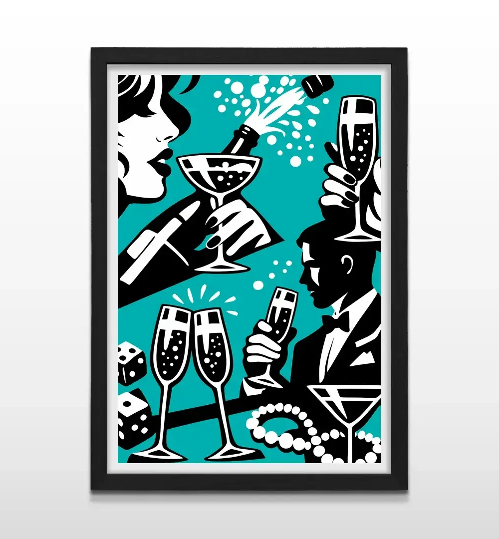 Cuadro moderno de botellas de champagne con marco negro, decoración de alto impacto visual y regalo ideal para amantes del buen vivir y el diseño de interiores de lujo