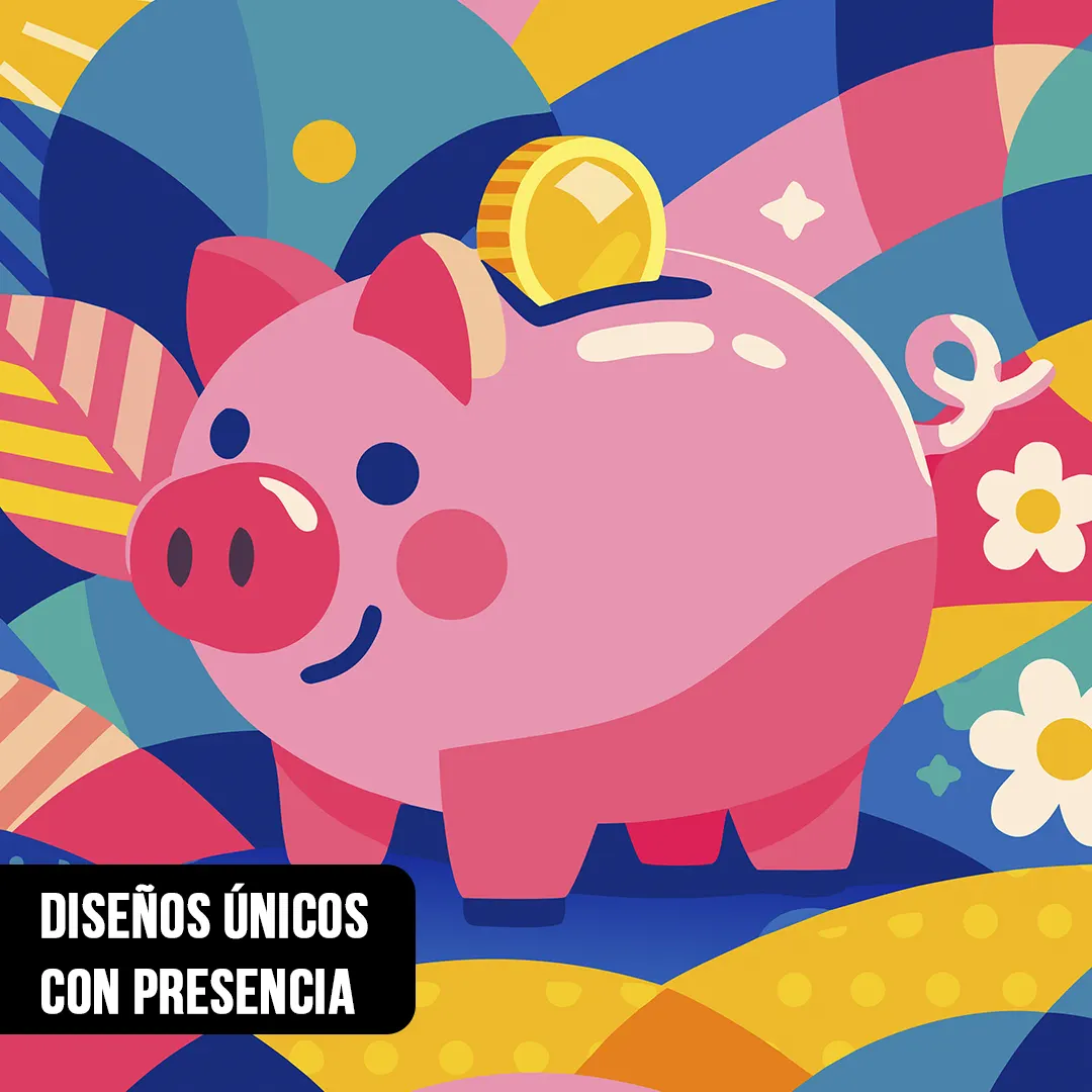 Primer plano de ilustración estilo Pop Art de un cerdito alcancía rosa con una moneda dorada