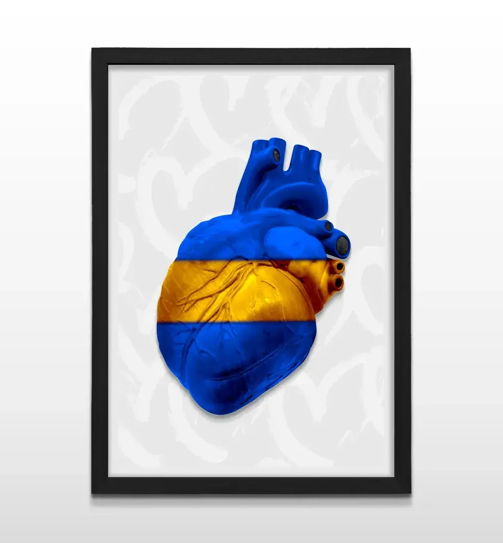 Cuadro moderno de corazón azul y oro con marco negro, decoración de alto impacto visual y regalo ideal para fanáticos de Boca Juniors