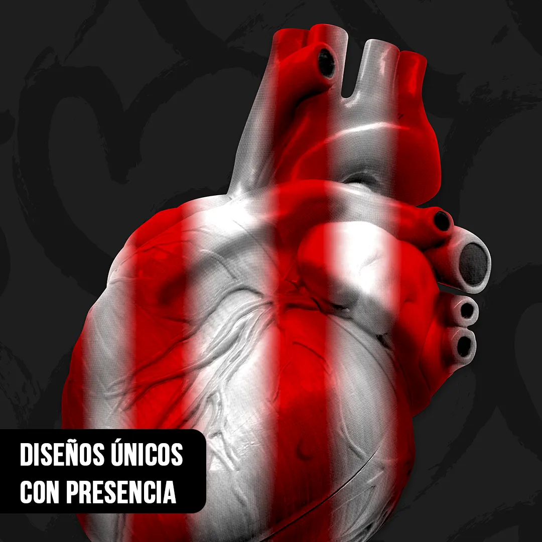 Primer plano de corazón anatómico 3D con franjas verticales rojas y blancas sobre fondo oscuro