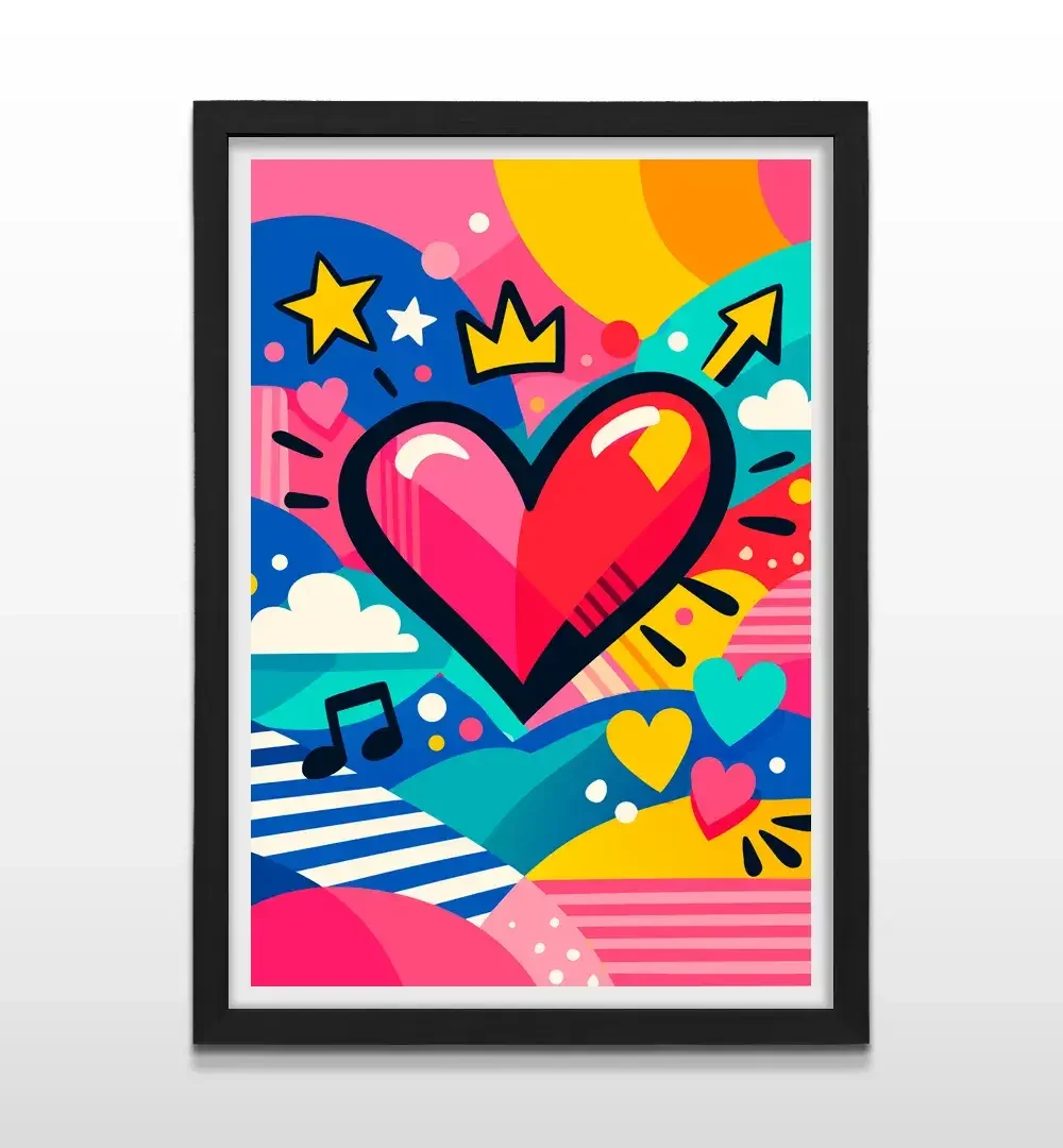 Cuadro moderno de corazón street art con marco negro, decoración de alto impacto visual y regalo ideal para niños, adolescentes y amantes del arte urbano
