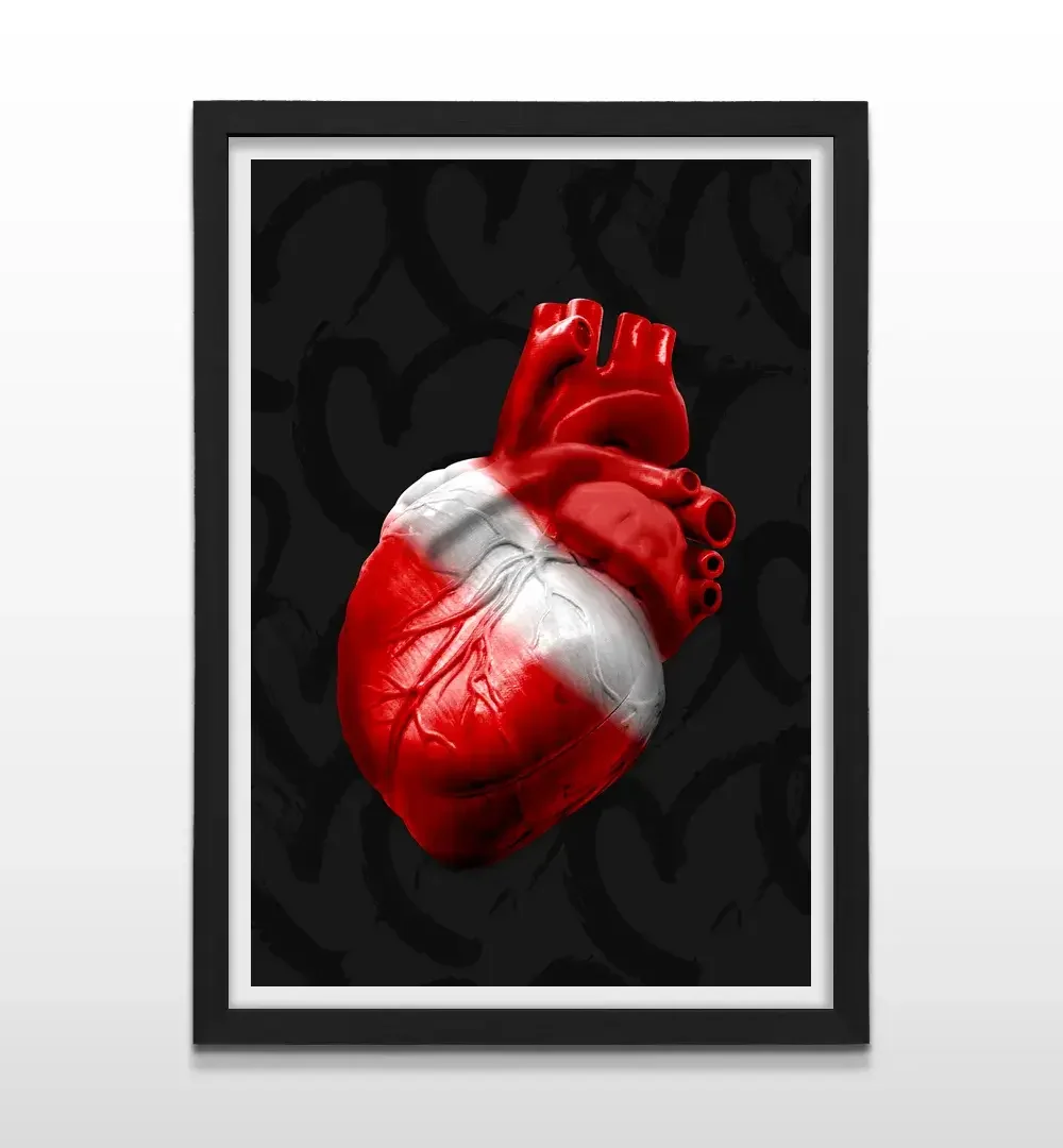 Cuadro moderno de corazón rojo y blanco con marco negro, decoración de alto impacto visual y regalo ideal para fanáticos de Independiente
