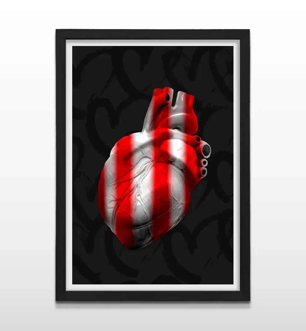 Cuadro moderno de corazón rojo y blanco con marco negro, decoración de alto impacto visual y regalo ideal para fanáticos de Estudiantes