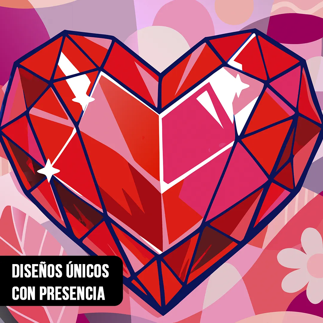 Primer plano de ilustración de un corazón geométrico de rubí tallado en color rojo brillante sobre fondo rosa