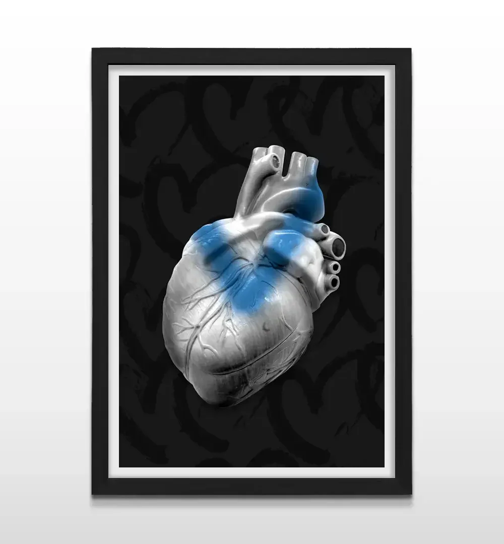 Cuadro moderno de corazón azul y blanco con marco negro, decoración de alto impacto visual y regalo ideal para fanáticos de Vélez