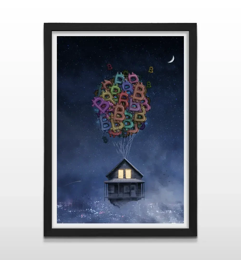 Cuadro moderno de Bitcoin por las nubes con marco negro, decoración de alto impacto visual y regalo ideal para traders y entusiastas de las criptomonedas