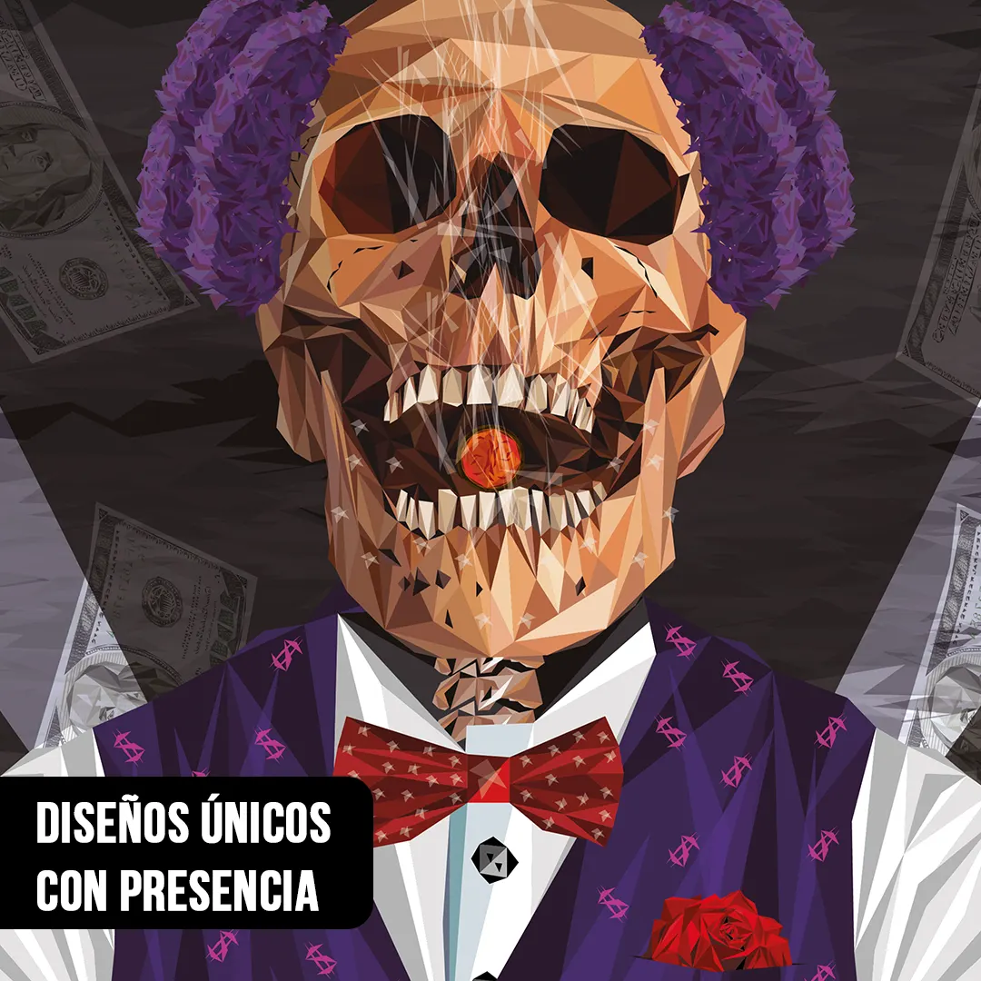 Primer plano de arte digital Low Poly de un esqueleto vestido de crupier con saco morado, moño rojo y billetes de dólar