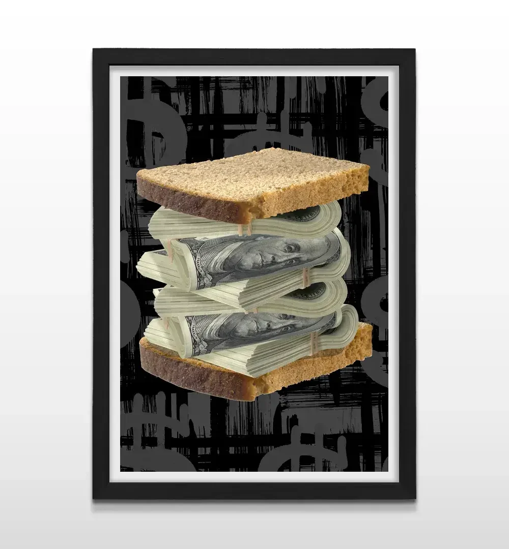 Cuadro moderno motivacional de sándwich con dólares y marco negro, decoración de alto impacto visual y regalo ideal para emprendedores y amantes del dinero