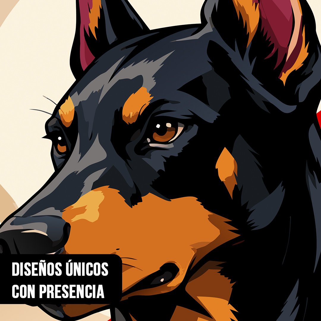 Primer plano de ilustración pop art de un perro Dóberman negro y marrón con sombras marcadas sobre un fondo beige
