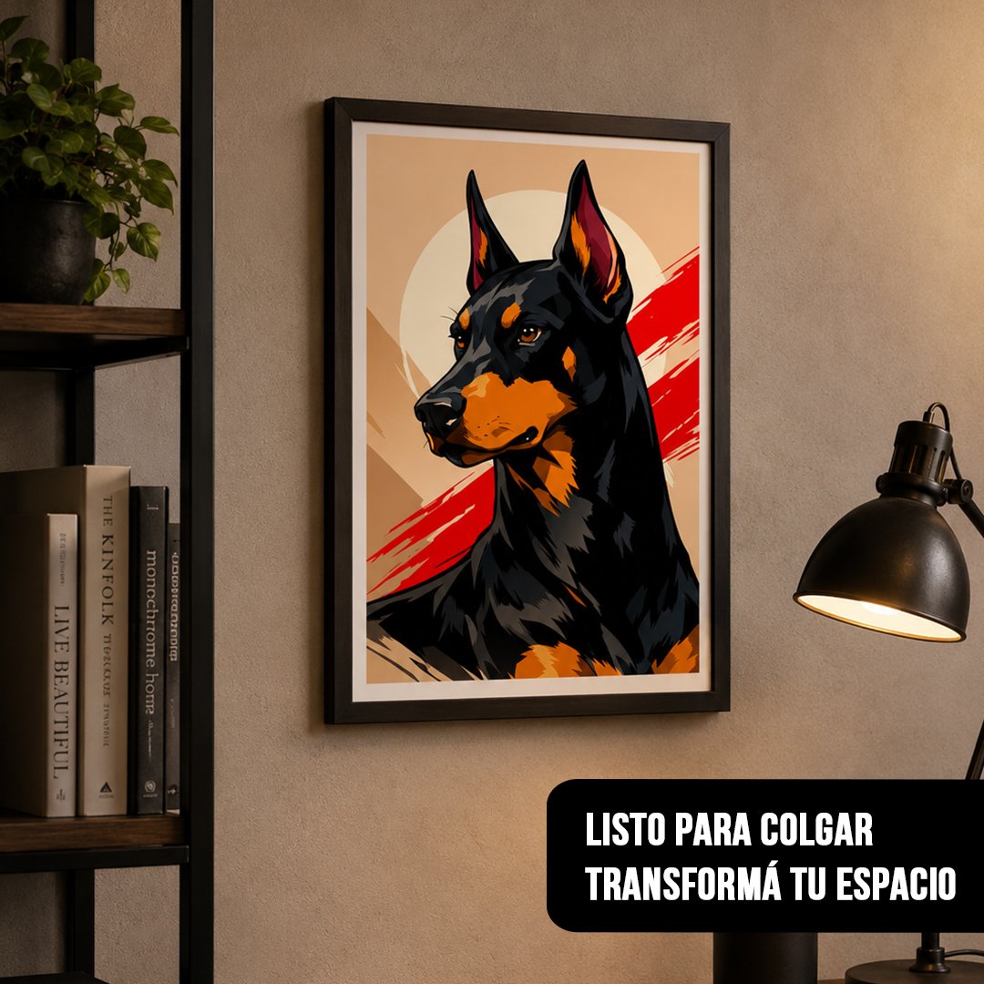 Cuadro vertical con retrato pop art de perro Dóberman negro con detalles rojos y fondo beige enmarcado en negro, colgado junto a una biblioteca